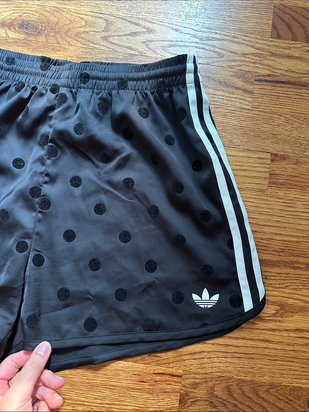 adidas Black Polka Dot Athletic Shorts with White 3-Stripes - Picture 2 of 5